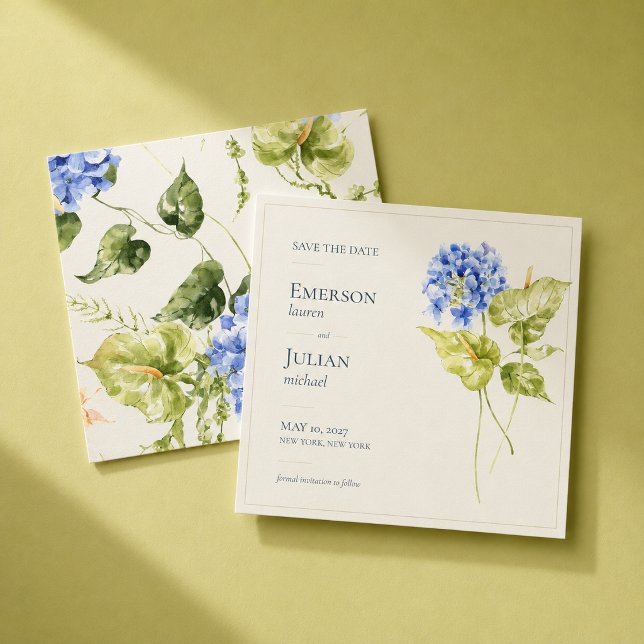 Moderne redaktionelle Anthurie Hydrangee Hochzeit Save The Date (Modern editorial Save the Date featuring sculptural anthuriums and striking blue hydrangeas.)