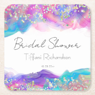 Moderne Regenbogen-Alkohol-Tinte Gold-Glitter Rechteckiger Pappuntersetzer