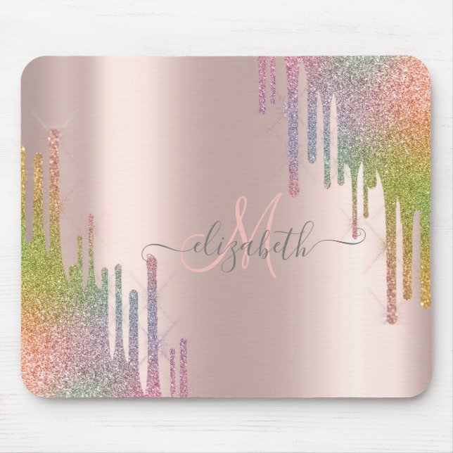 Moderne Regenbogen Glitter Roségold-Monogramm Mousepad (Vorne)