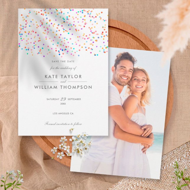 Moderne Regenbogen-Konfetti-Hochzeit Save The Date (Von Creator hochgeladen)