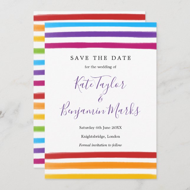 Moderne Regenbogenfarben Save the Date Karte (Vorne/Hinten)