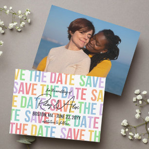 Moderne Regenbogenschrift Hochzeit LGBTQA Save The Date