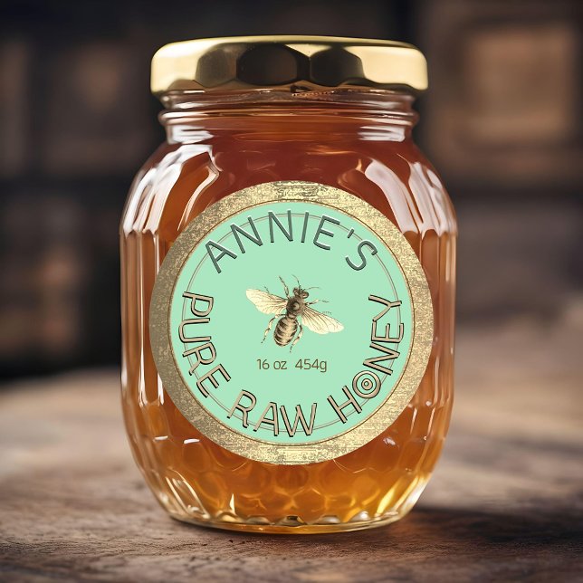 Moderne reine Honigbiene Gold Frame Blue Cyan Runder Aufkleber (Von Creator hochgeladen)