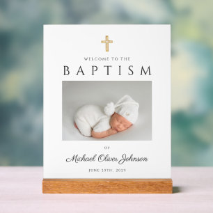 Moderne religiöse Cross-Foto-Boy-Taufe Willkommen Acrylschild