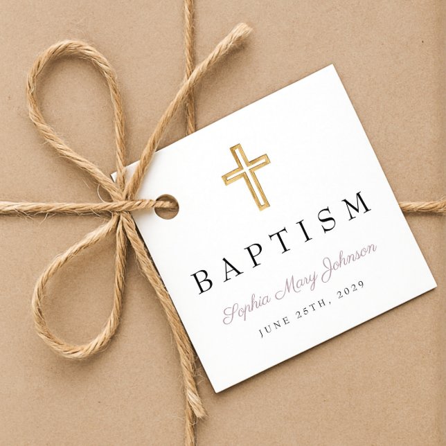 Moderne religiöse Cross-Lila Script-Taufe Geschenkanhänger (Modern Religious Cross Purple Script Baptism Favor Tags)