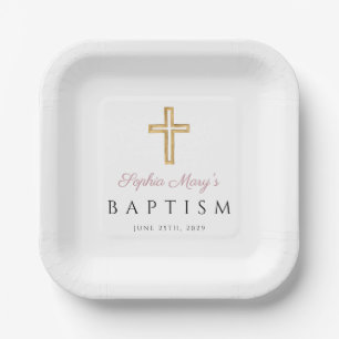 Moderne religiöse Cross-Pink-Script-Girl-Taufe Pappteller
