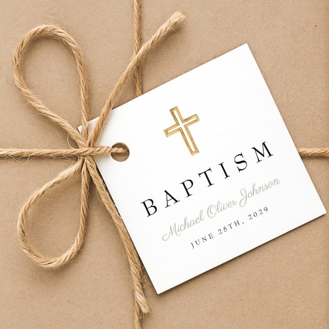 Moderne religiöse Cross-Sage Green Script-Taufe Geschenkanhänger (Modern Religious Cross Sage Green Script Baptism Favor Tags)
