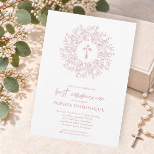 Moderne religiöse rosa Kreuz Erstkommunion Einladung