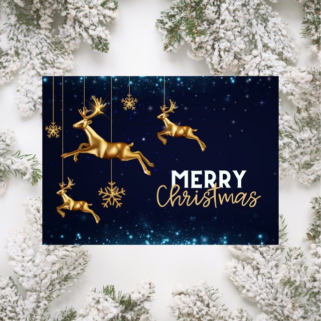 Moderne Rentier Gold Weihnachtskarte Blau Feiertagskarte (Von Creator hochgeladen)