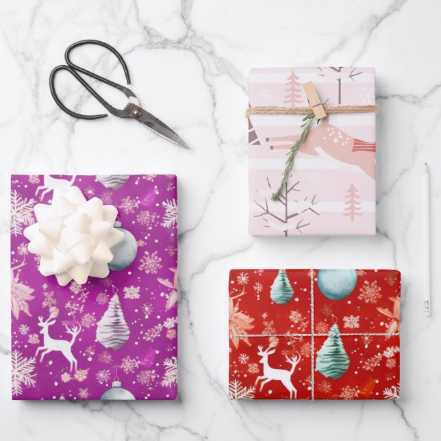 Moderne Rentiere und Weihnachtsbaumen Weihnachten Geschenkpapier Set (Vorderseite)