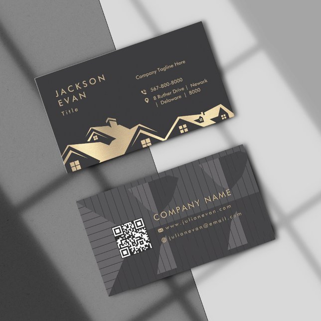 Moderne Reparatur von Dachdeckungen in Schwarz und Visitenkarte (Modern Black & Gold Roofing Construction Repair Business Card)