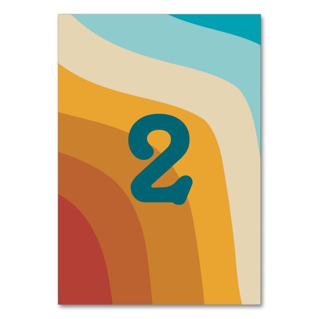 Moderne Retro 70er Jahre farbenfrohe Regenbogenwel Tischnummer (Vorderseite)