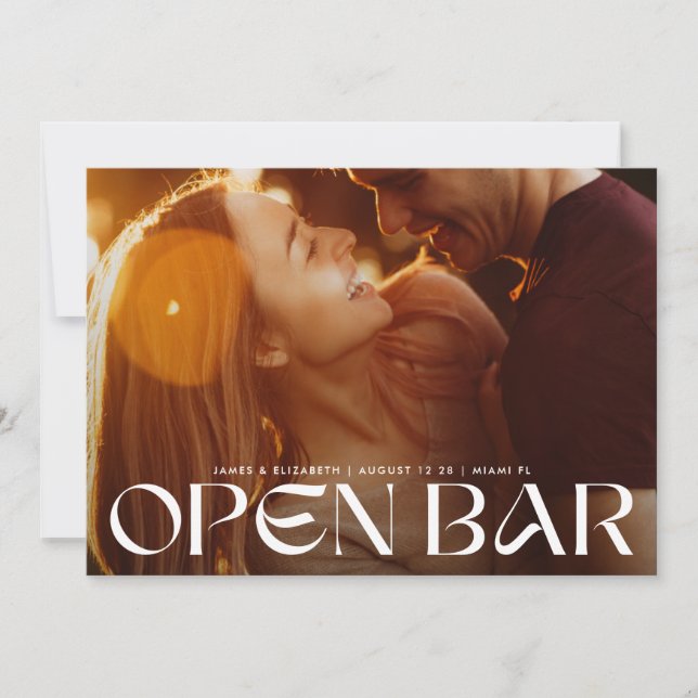 Moderne Retro-Bar Hochzeit mit kühnen, randlosen F Save The Date (Vorderseite)