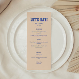 Moderne Retro Blau & Beige 'Lasst uns essen!' Hoch Menükarte