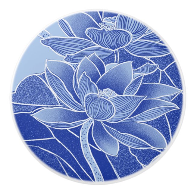 Moderne Retro Blue Blumen Lotus Mandala Wasserlili Keramikknauf (Vorderseite)