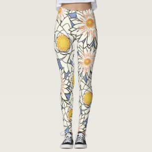 Moderne Retro-Blume in Blau und Weiß Leggings