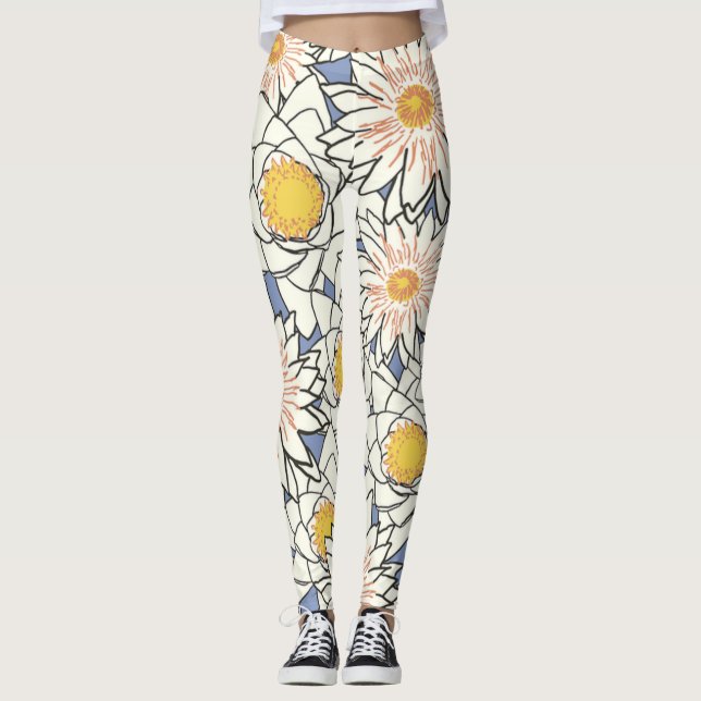 Moderne Retro-Blume in Blau und Weiß Leggings (Vorderseite)