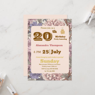 Moderne Retro-Blumen-20. Geburtstagsparty Lila Einladung