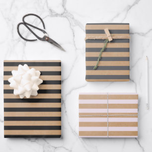Moderne Retro Creme Black Gray Stripes Kraft Geschenkpapier Set