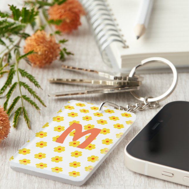 Moderne Retro Daisies in Monogramm Schlüsselanhänger (Vorderseite rechts)