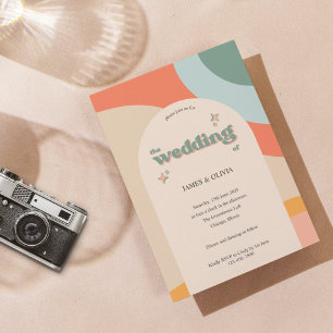 Moderne Retro-farbenfrohe Hochzeit am Arch Einladung