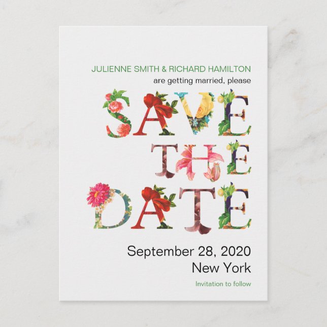 Moderne Retro-farbige Blume Save the Date Ankündigungspostkarte (Vorderseite)