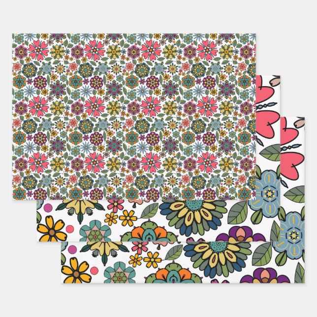 Moderne Retro-Floral Zeichnend Nahtloses Muster Ku Geschenkpapier Set (Set)
