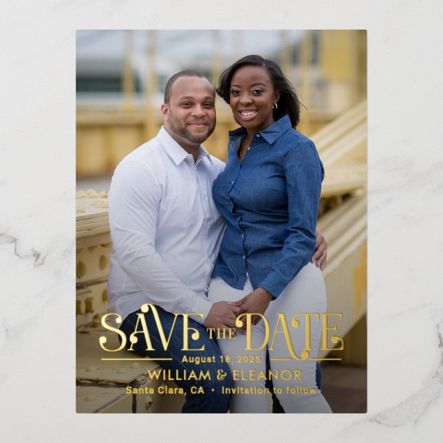 Moderne Retro FOLIE Save the Date Postkarte (Vorderseite)