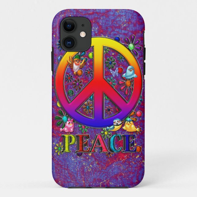 Moderne Retro Friedenszeichen-Text-Vögel u. Blumen Case-Mate iPhone Hülle (Rückseite)