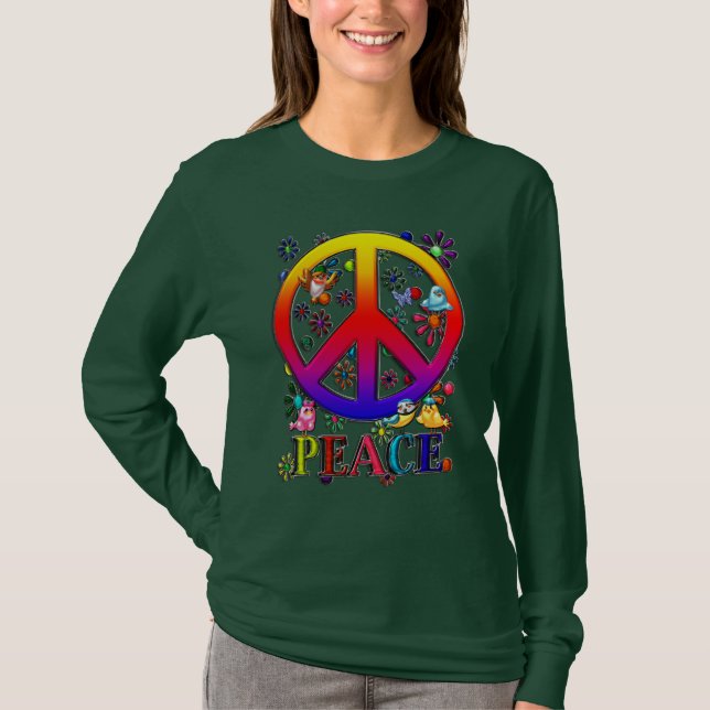 Moderne Retro Friedenszeichen-Text-Vögel u. Blumen T-Shirt (Vorderseite)