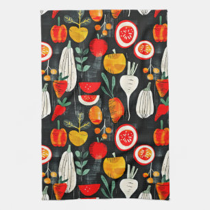 Moderne Retro Frucht und Veg auf schwarzem Muster Geschirrtuch