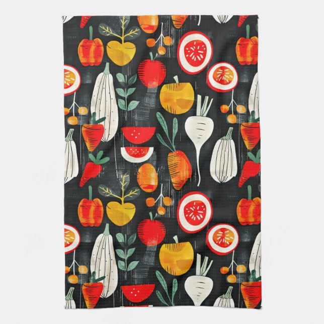 Moderne Retro Frucht und Veg auf schwarzem Muster Geschirrtuch (Vertikal)