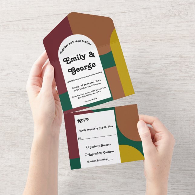 Moderne Retro Groovy 70er Abstrakte Hochzeit All In One Einladung (Abreißen)