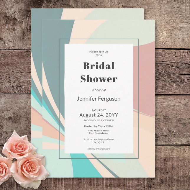 Moderne Retro Groovy Peach Aquamarin Aqua Brautpar Einladung (Modern Retro Groovy Peach Teal Aqua Bridal Shower Invitation)