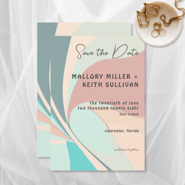 Moderne Retro Groovy Peach Aquamarin & Aqua Weddin Save The Date (Von Creator hochgeladen)
