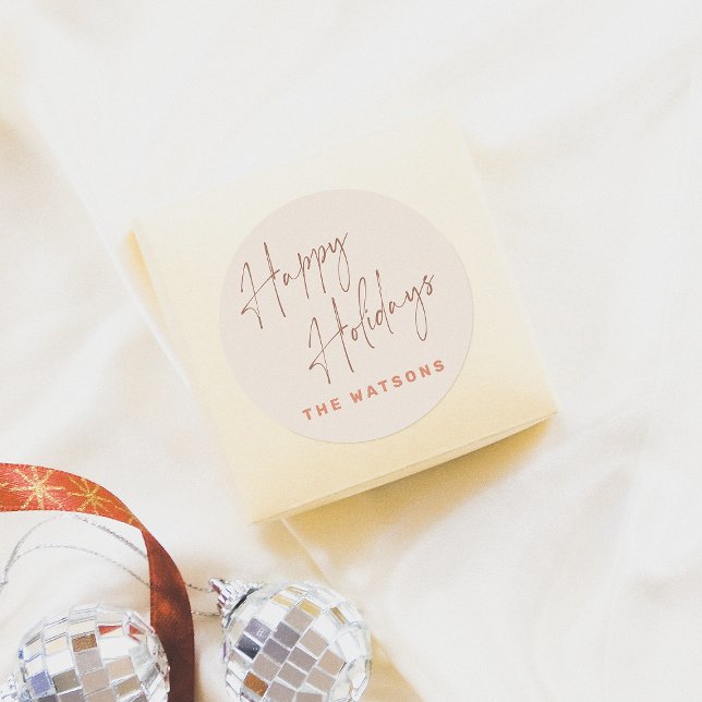 Moderne Retro Happy Holidays Name Runder Aufkleber (Von Creator hochgeladen)