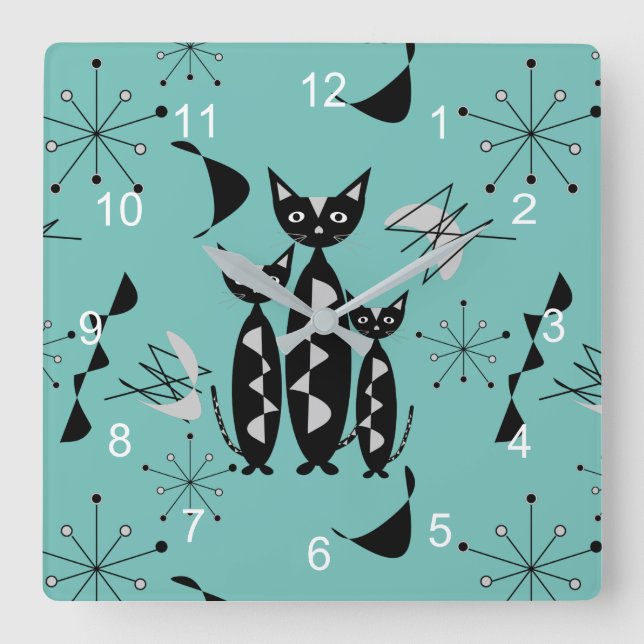 Moderne Retro-Katzen aus dem Mittelalter Niedliche Quadratische Wanduhr (Vorderseite)