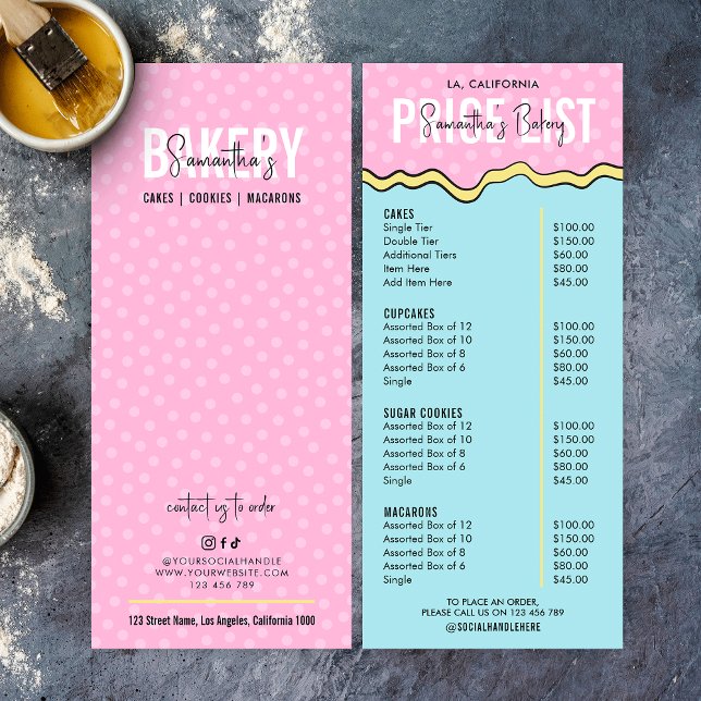 Moderne Retro-Koch-Bäckereikarte Werbekarte (Trendy and chic pastry chef pricing menu in pastel colors and comic style background)
