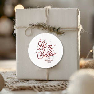 Moderne Retro Let It Snow Weihnachtsschrift   Rot Runder Aufkleber