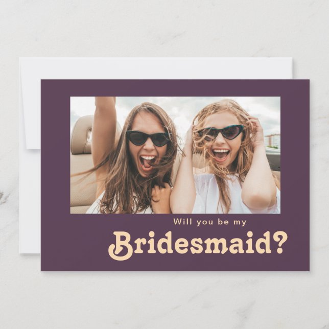 Moderne Retro Lila Foto Bridesmaid Vorschlag Card Einladung (Vorderseite)