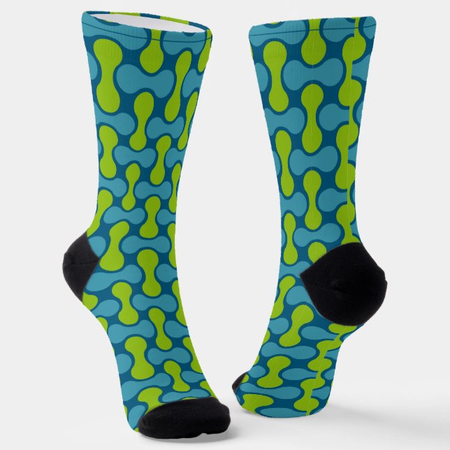 Moderne Retro-Link-Muster in Blau und Grün Socken (Gewinkelt)