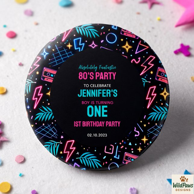 Moderne Retro-Neon-80er 1. Geburtstagsfeier Button (Modern Retro Neon 80’s 1st Birthday Party Button)