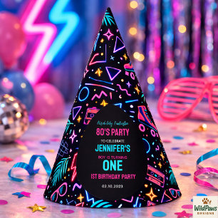 Moderne Retro-Neon-80er 1. Geburtstagsfeier Partyhütchen