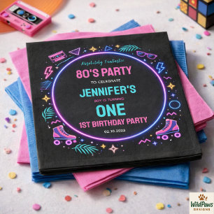 Moderne Retro Neon 80er 1. Geburtstagsfeier Serviette
