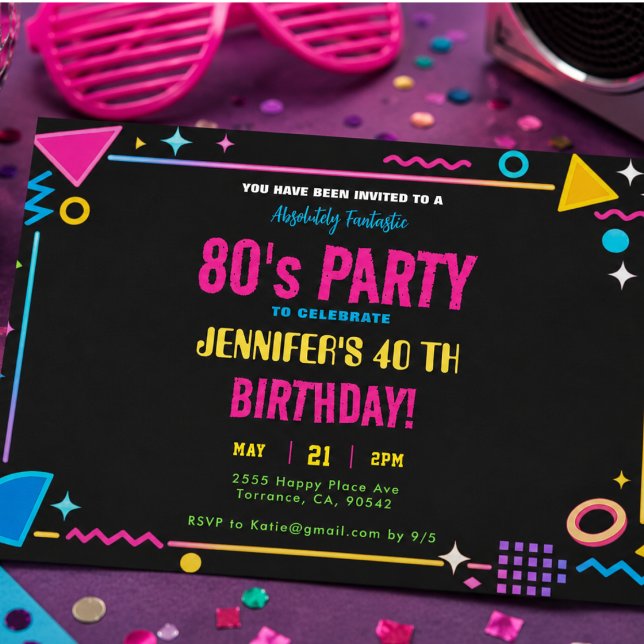 Moderne Retro-Neon-80er-Geburtstagsfeier Einladung (Modern Retro Neon 80's Birthday Party Invitation)