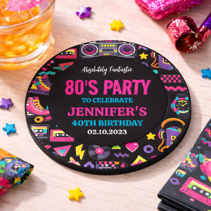 Moderne Retro-Neon-80er-Geburtstagsfeier für Erwac Getränkeuntersetzer