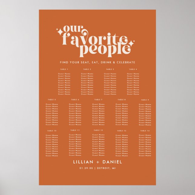 Moderne Retro Orange Wedding 14 Table Seating Char Poster (Vorne)