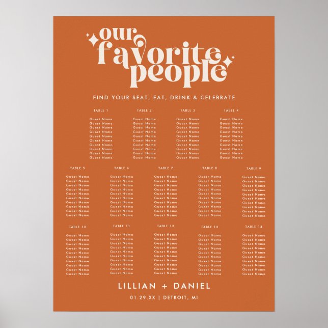 Moderne Retro Orange Wedding 14 Table Seating Char Poster (Vorne)
