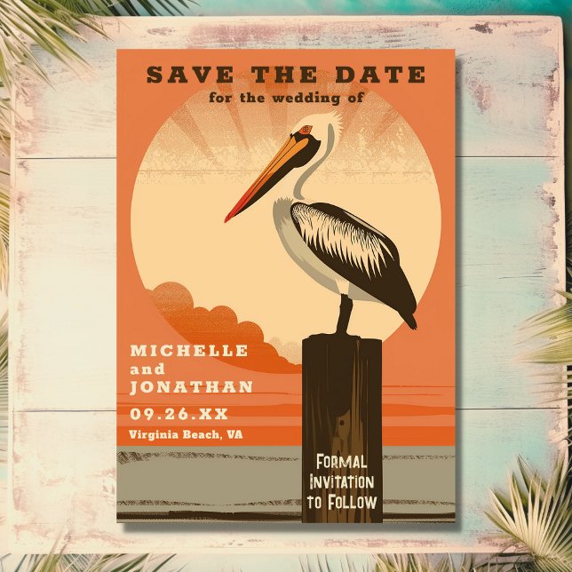 Moderne Retro Pelican Beach Hochzeit Save The Date (Front - Modern Retro Pelican Beach Wedding Save The Date)