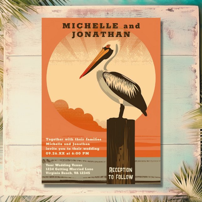 Moderne Retro Pelican Beach Hochzeitseinladung Einladung (Front - Modern Retro Pelican Beach Wedding Invitation)
